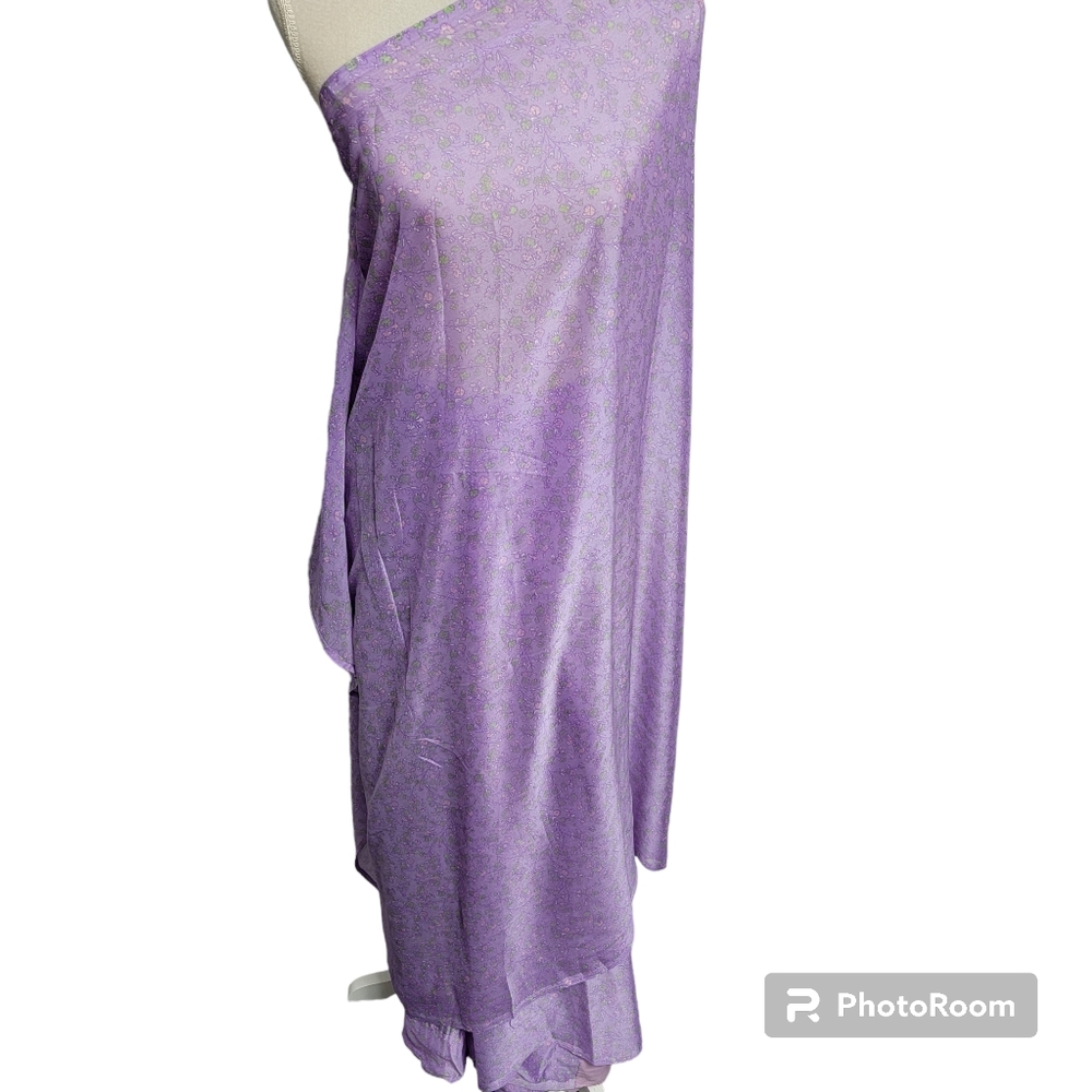 Purple silk and polyester saree/sari with pink, white, green flowers